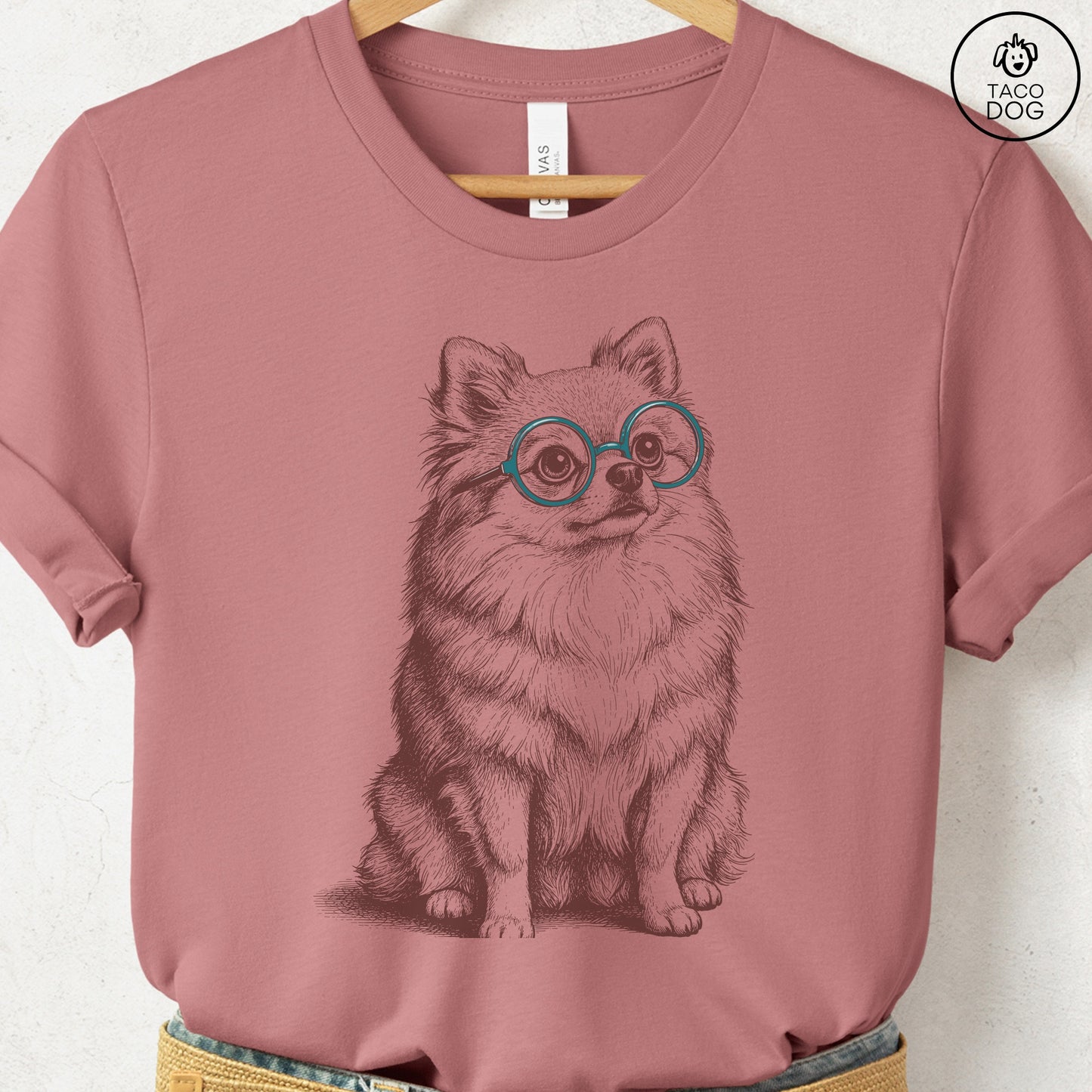 Pomeranian Spectacles T-Shirt Heather Mauve S Taco-Dog
