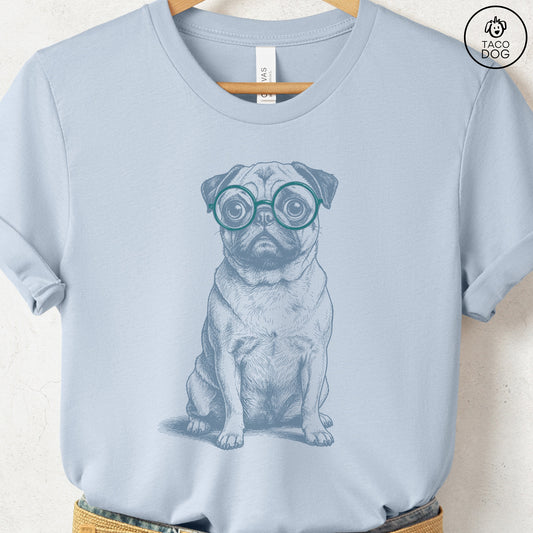 Pug Spectacles T-Shirt Light Blue S Taco-Dog