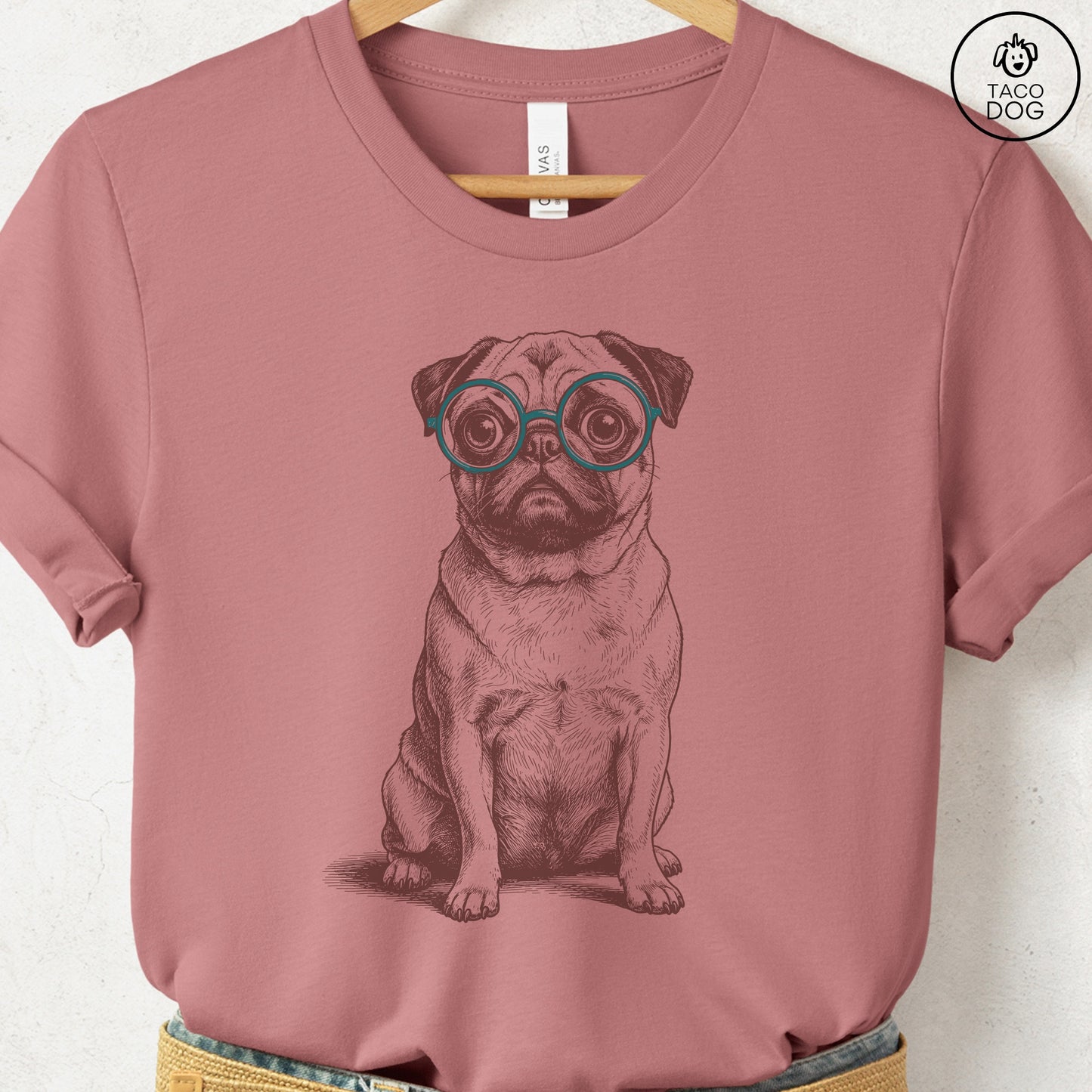 Pug Spectacles T-Shirt Heather Mauve S Taco-Dog