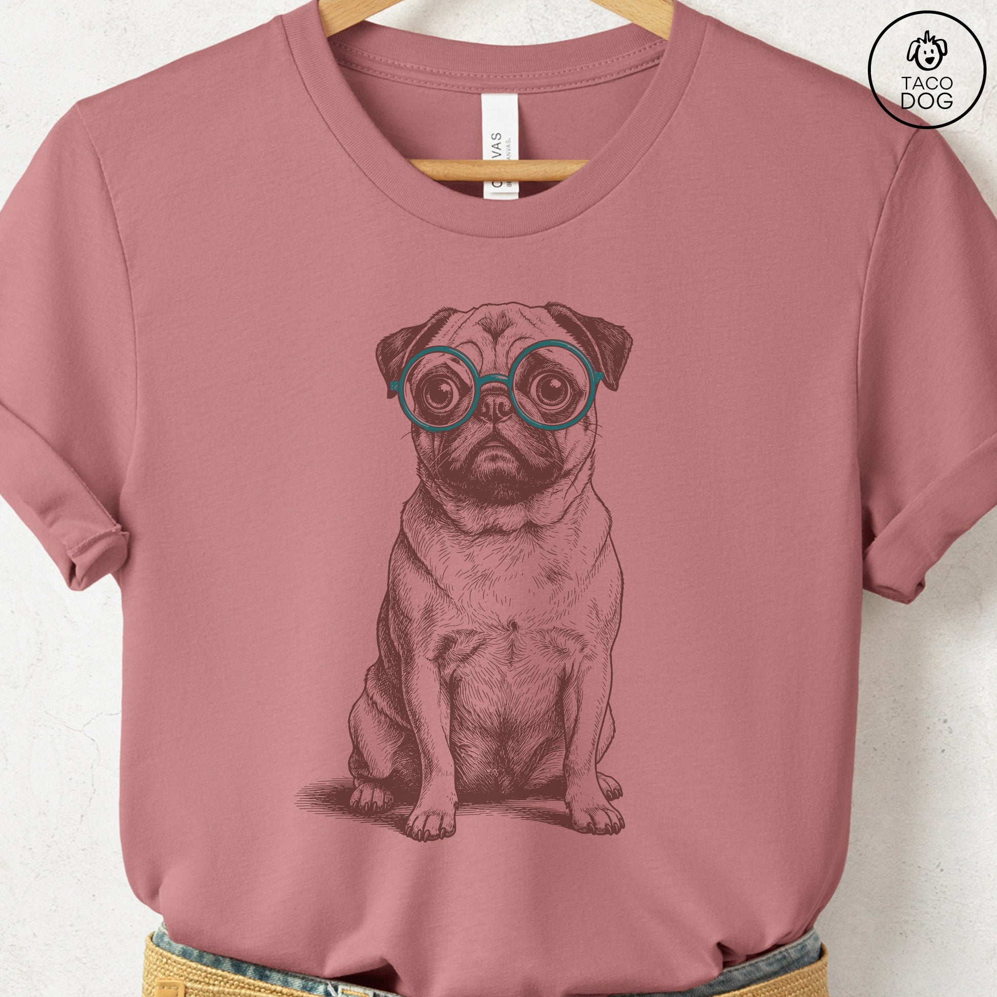 Pug Spectacles T-Shirt Heather Mauve S Taco-Dog