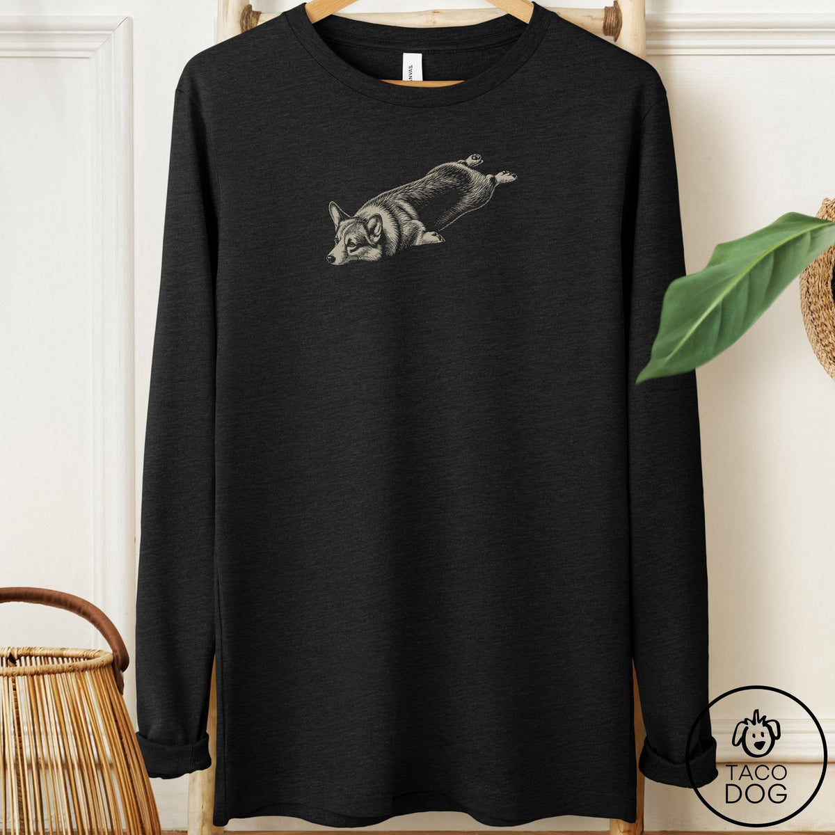 Corgi Sploot Long Sleeve Tee Black Heather Taco-Dog