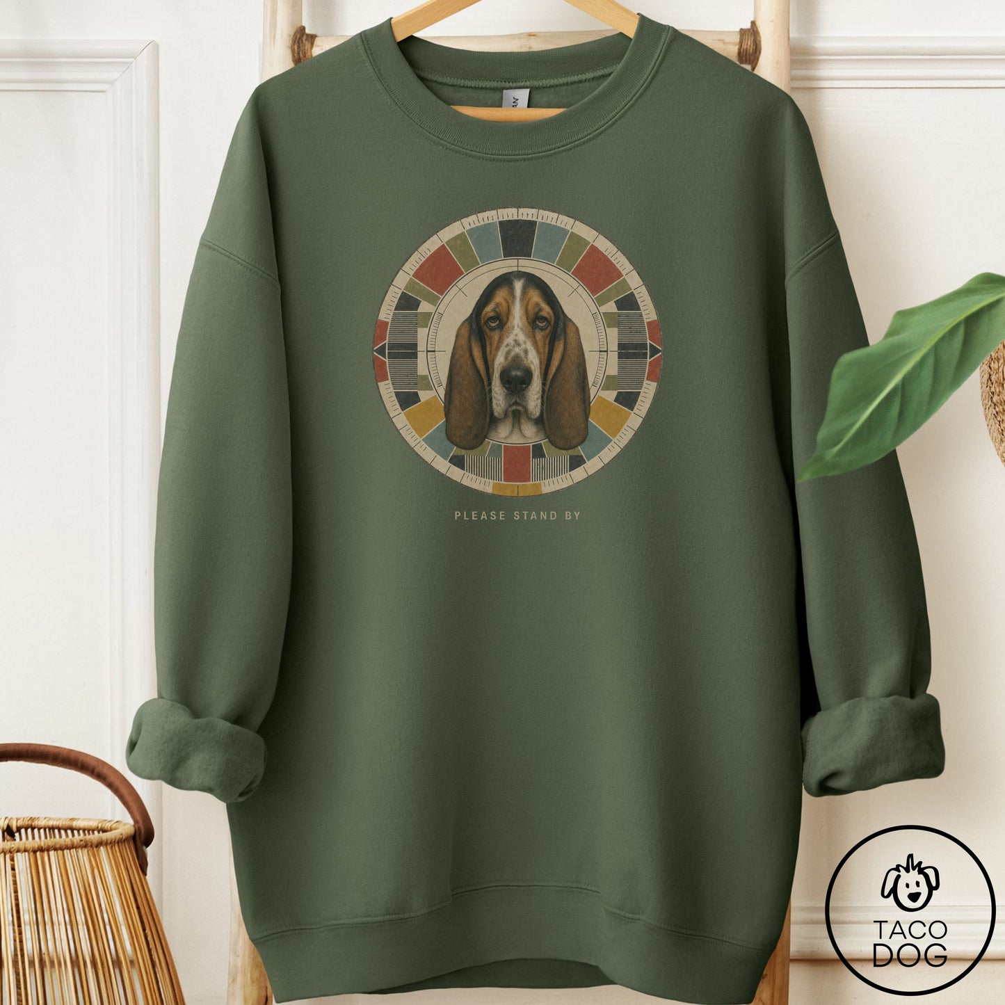 Basset Hound Stand by Sweatshirt Military Green Taco-Dog