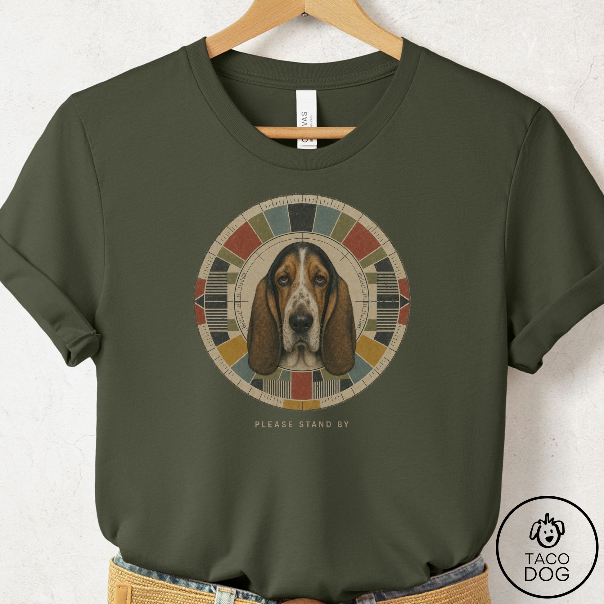 Basset Hound Stand by T-Shirt Military Green Taco-Dog