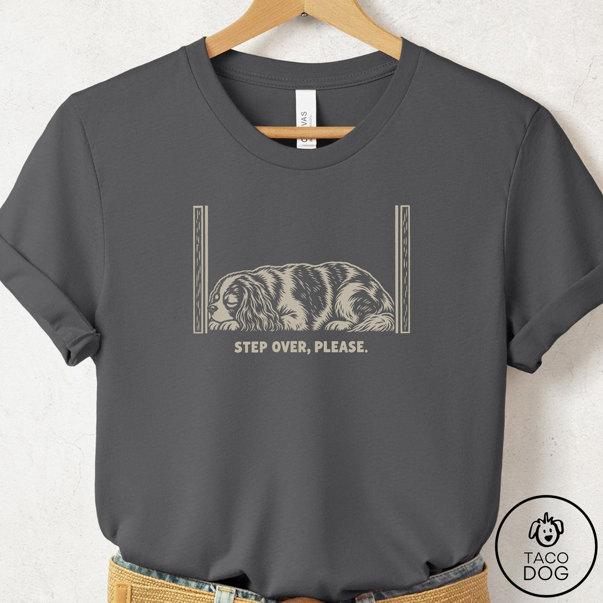Cavalier King Charles Spaniel Step Over Please T-Shirt Asphalt Taco-Dog