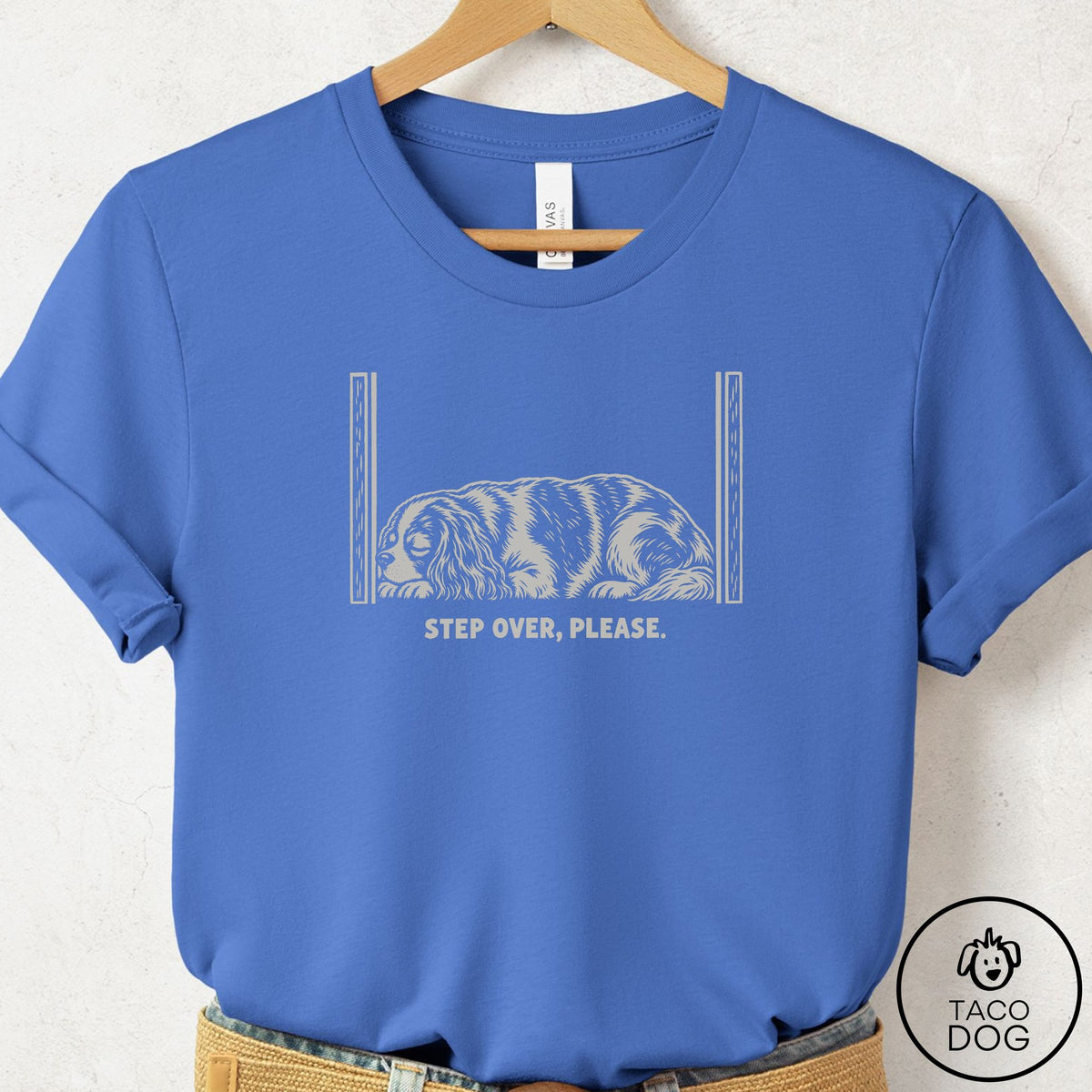 Cavalier King Charles Spaniel Step Over Please T-Shirt Columbia Blue Taco-Dog