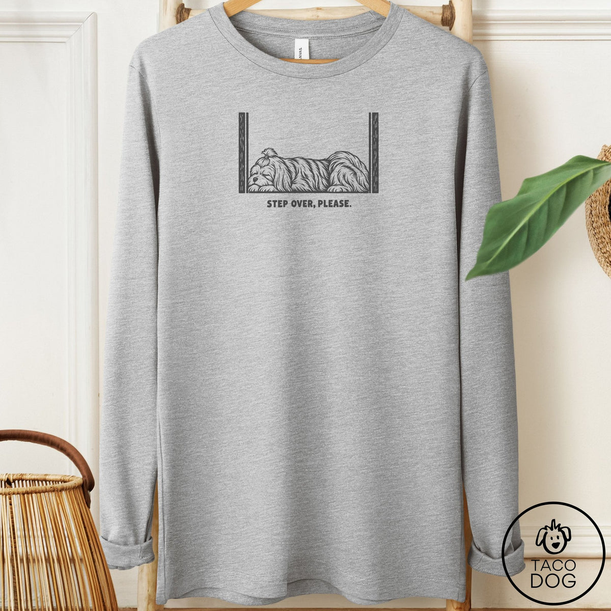 Maltese Step Over Please Long Sleeve Tee Athletic Heather Taco-Dog