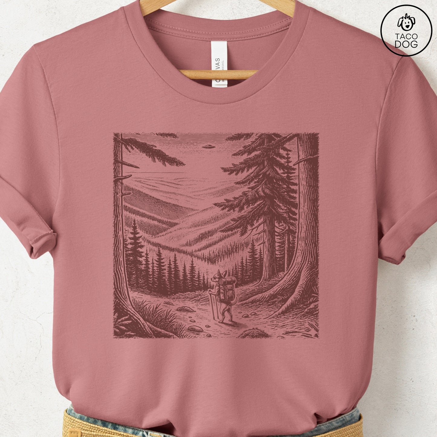 Chihuahua Hiking T-Shirt Heather Mauve Taco-Dog