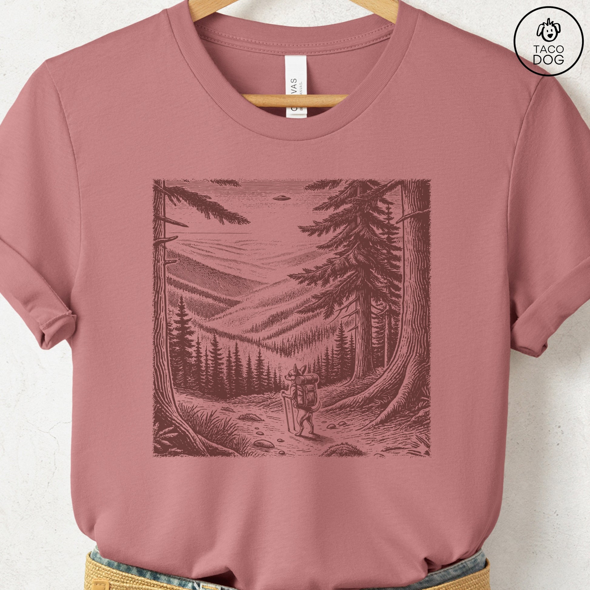 Chihuahua Hiking T-Shirt Heather Mauve Taco-Dog