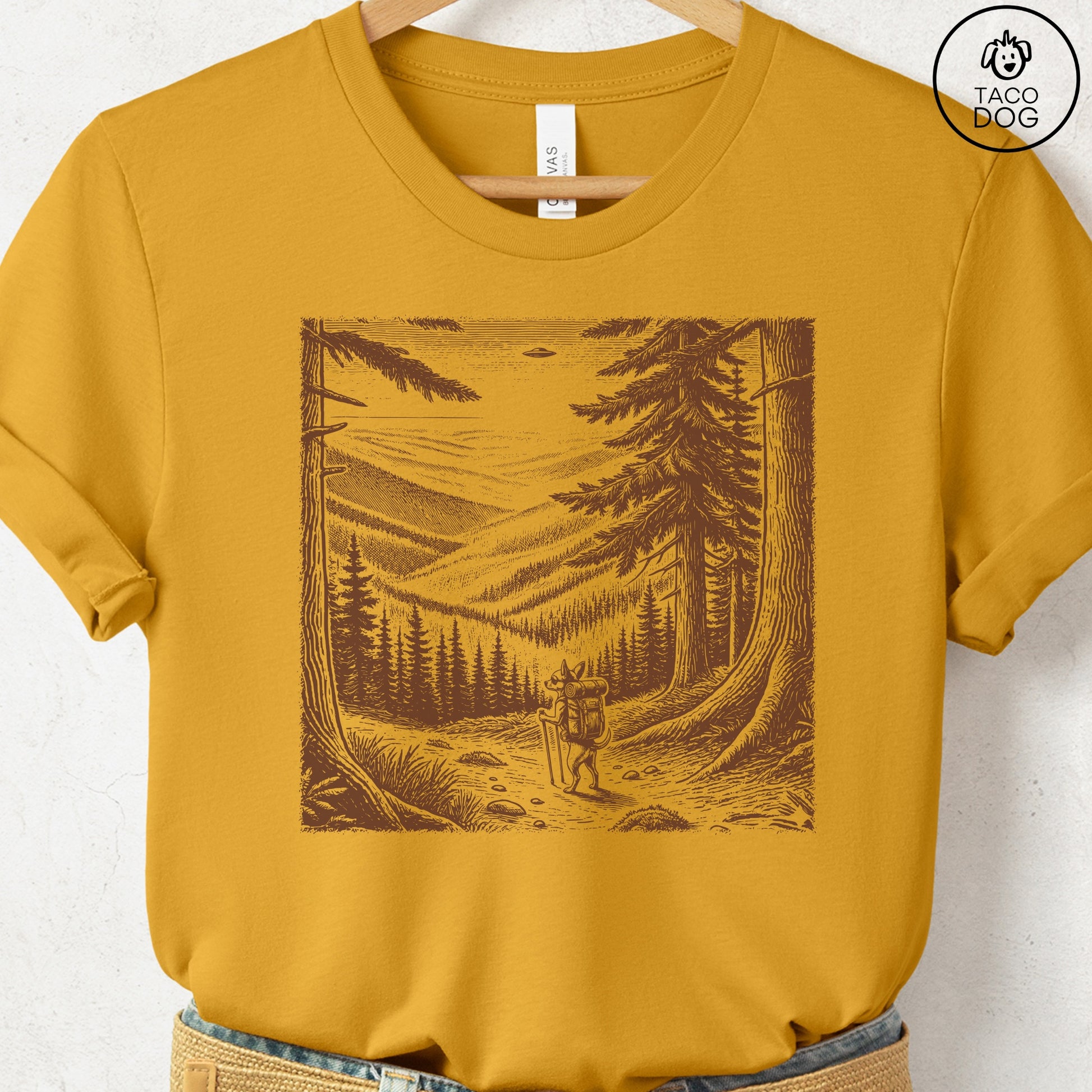 Chihuahua Hiking T-Shirt Mustard Taco-Dog