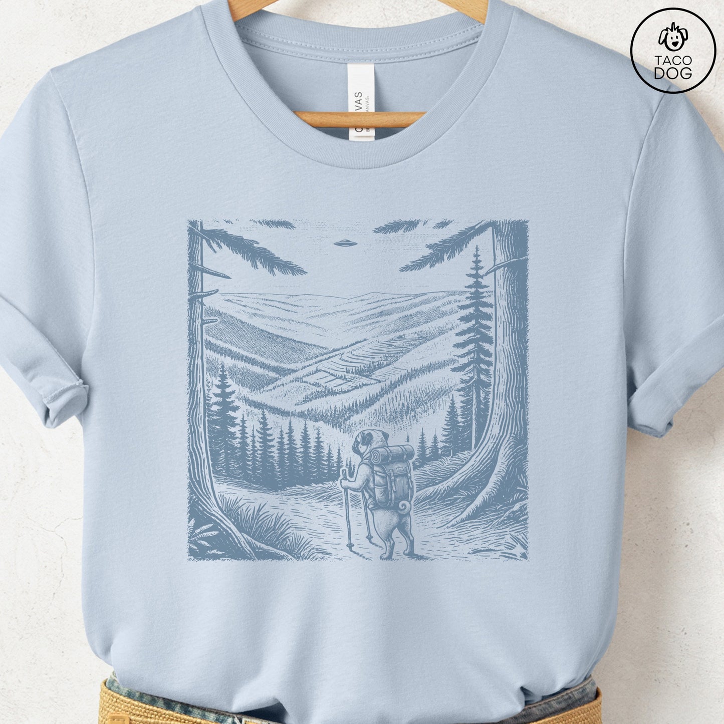Pug Hiking T-Shirt Light Blue Taco-Dog
