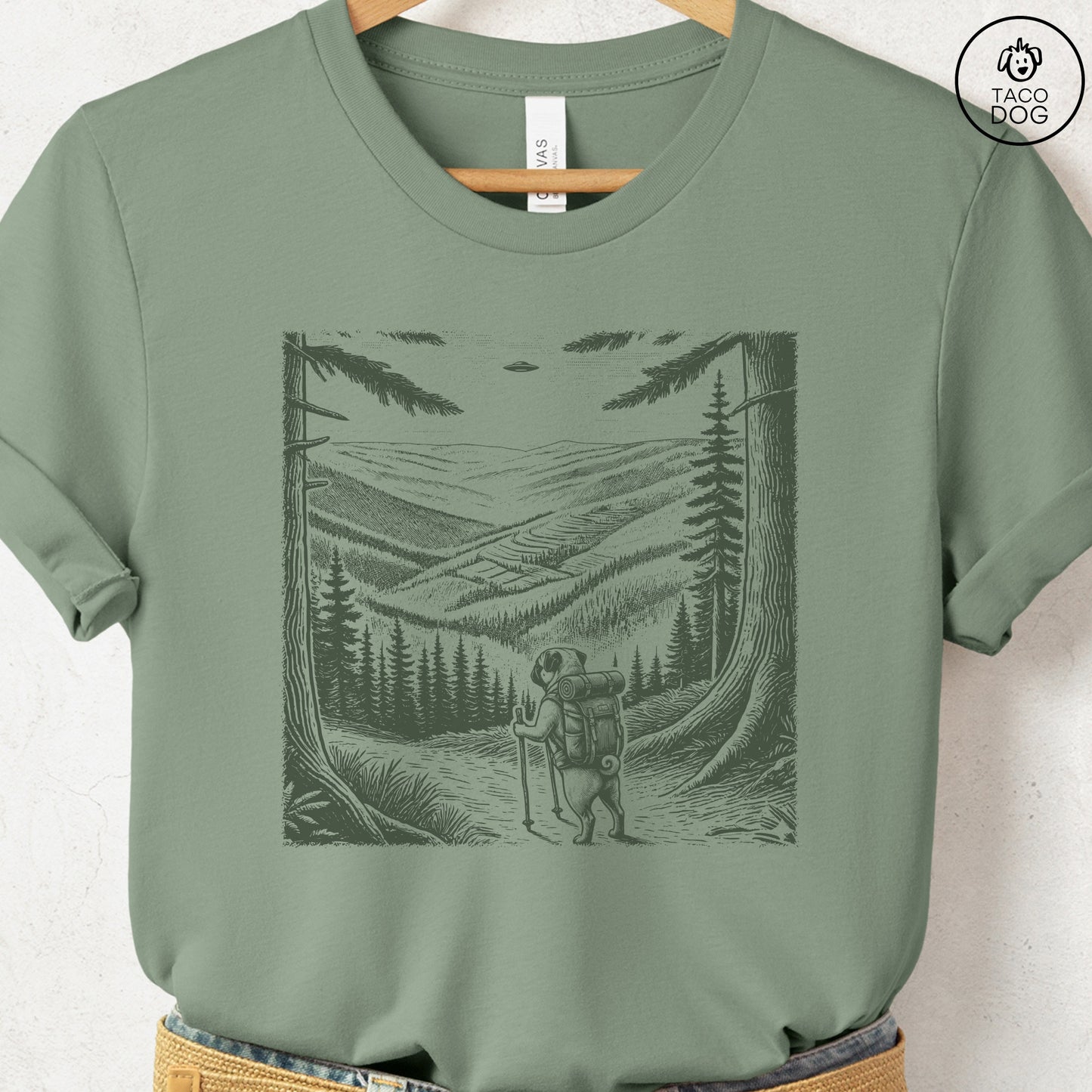 Pug Hiking T-Shirt Sage Taco-Dog
