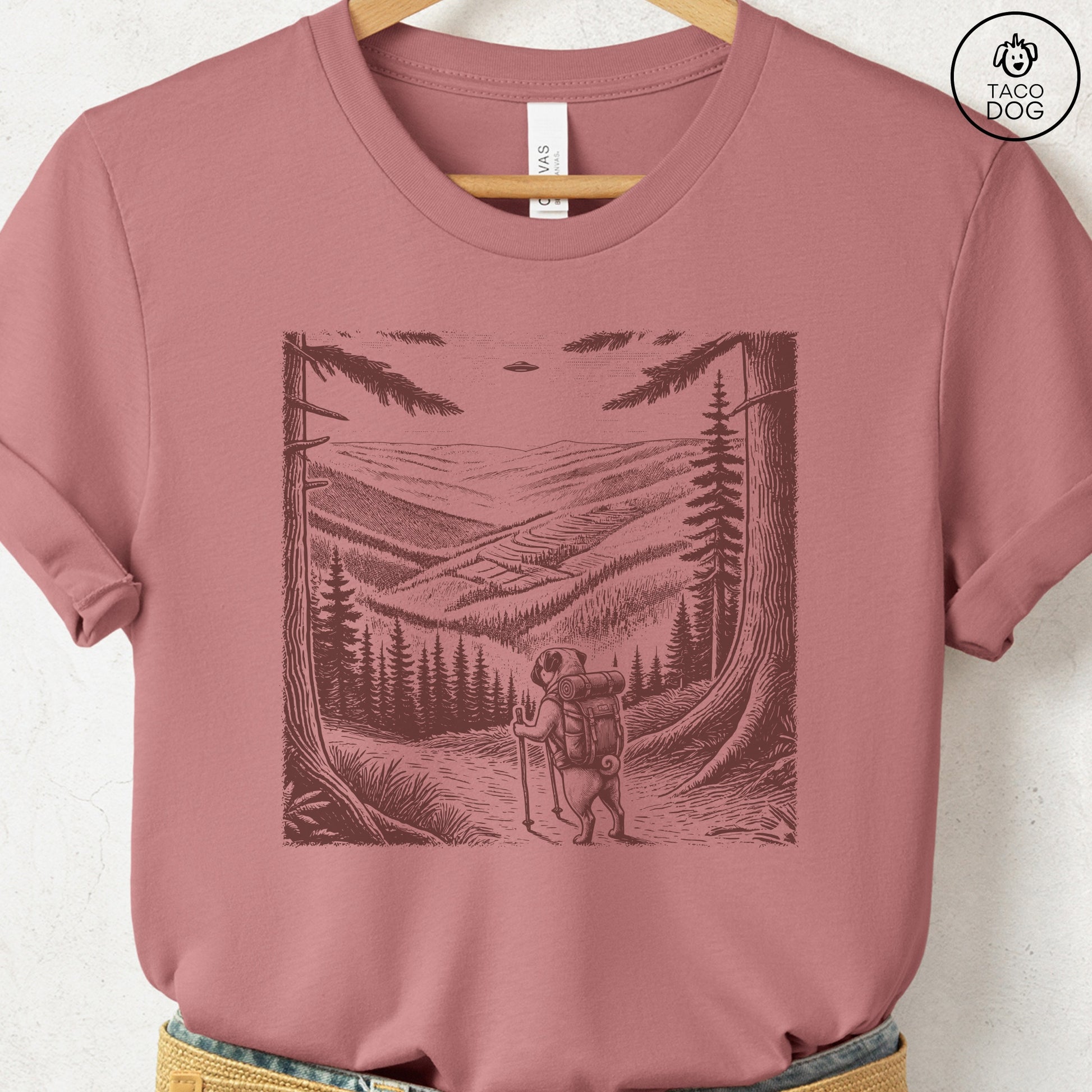 Pug Hiking T-Shirt Heather Mauve Taco-Dog