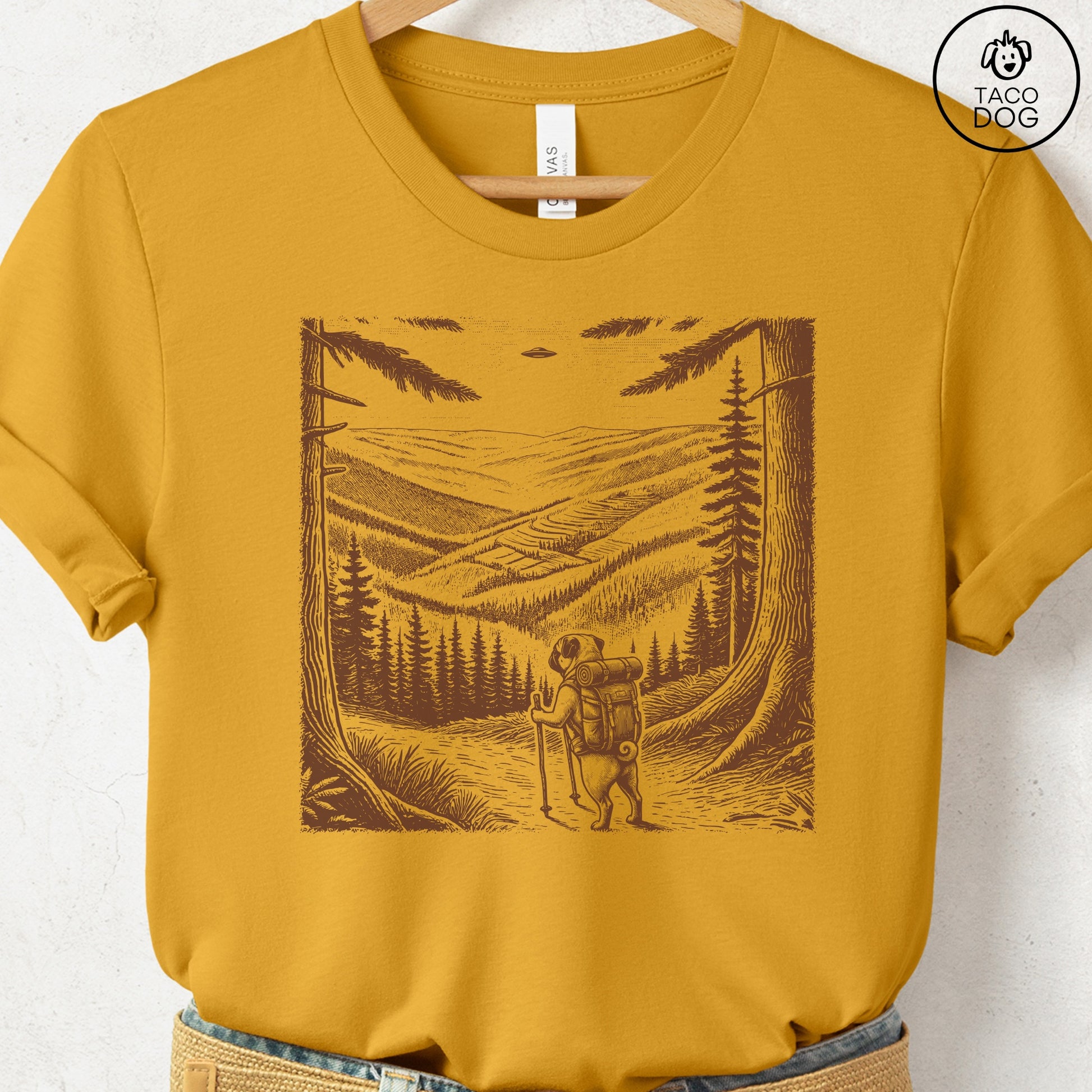 Pug Hiking T-Shirt Mustard Taco-Dog
