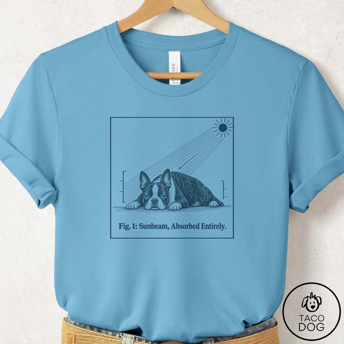 Boston Terrier Sunbeam T-Shirt Ocean Blue Taco-Dog