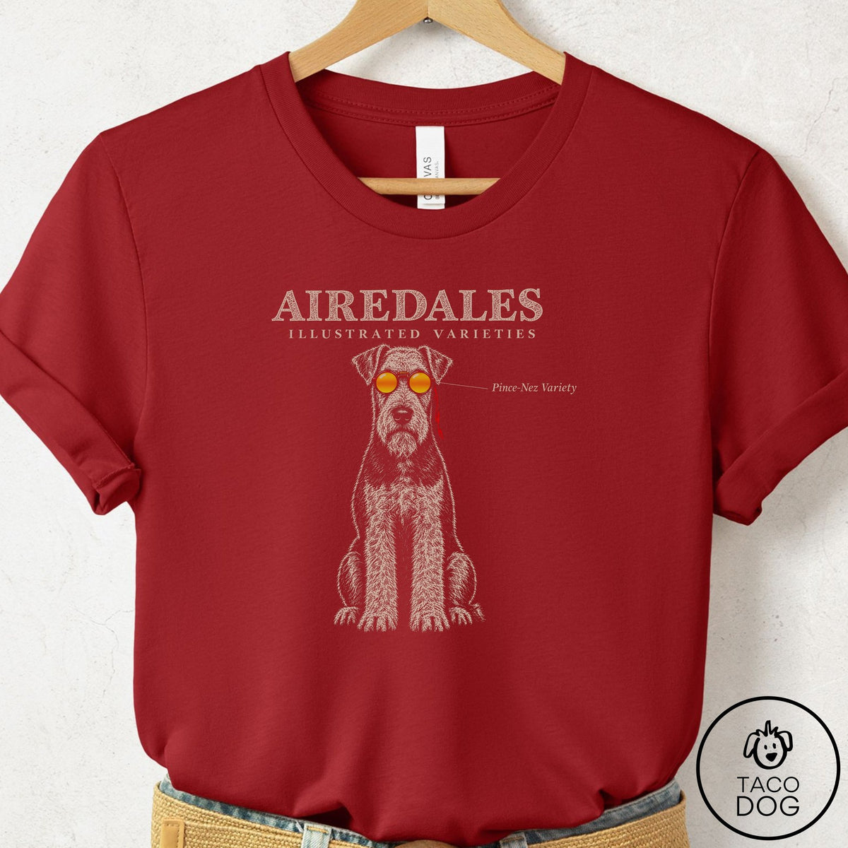 Airedale Sunglasses Field Guide T-Shirt Canvas Red Taco-Dog