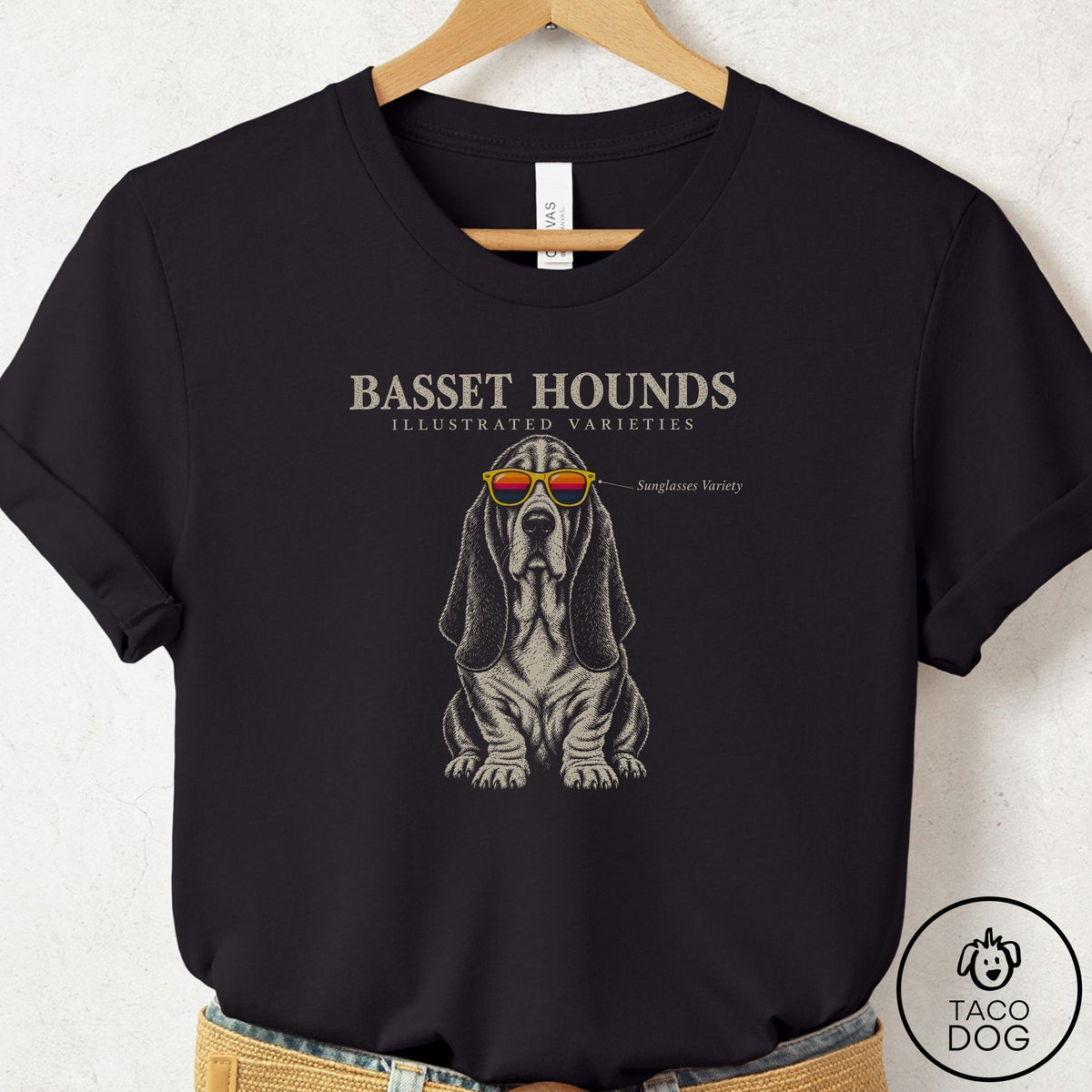 Basset Hound Sunglasses Field Guide T-Shirt Black Taco-Dog