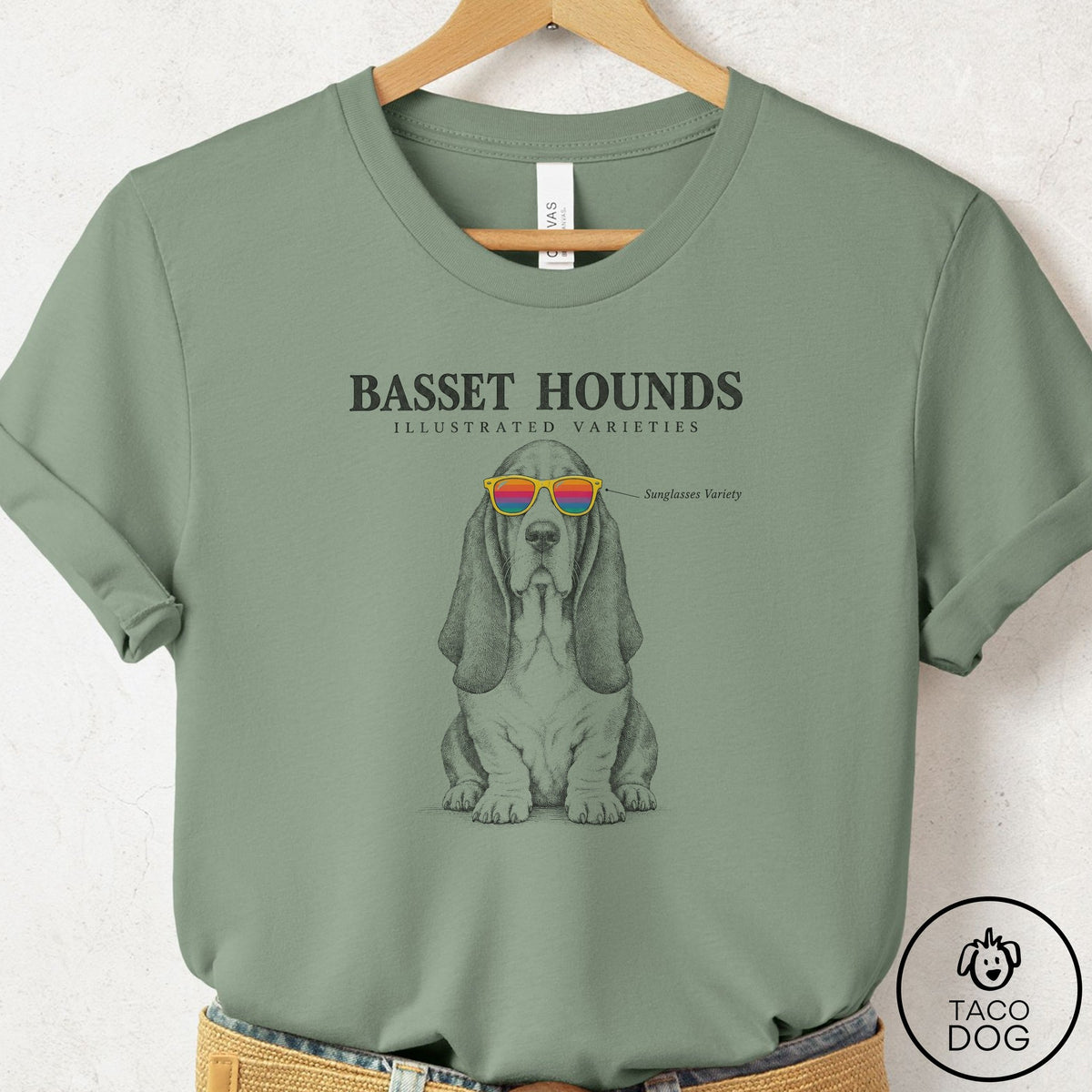 Basset Hound Sunglasses Field Guide T-Shirt Sage Taco-Dog