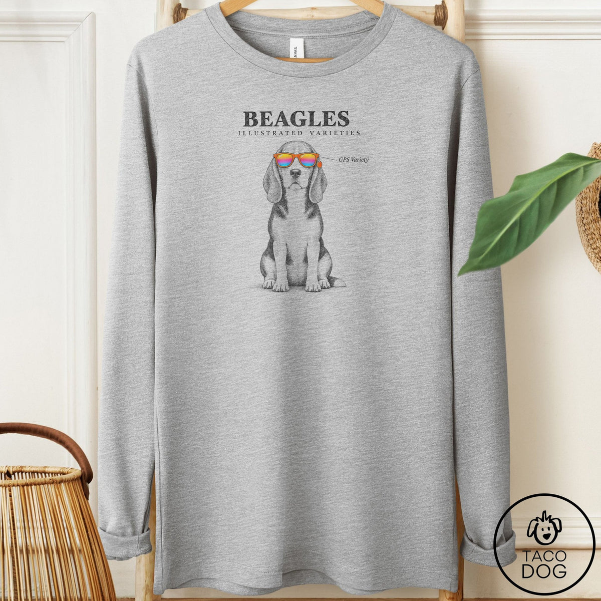 Beagle Sunglasses Field Guide Long Sleeve Tee Athletic Heather Taco-Dog