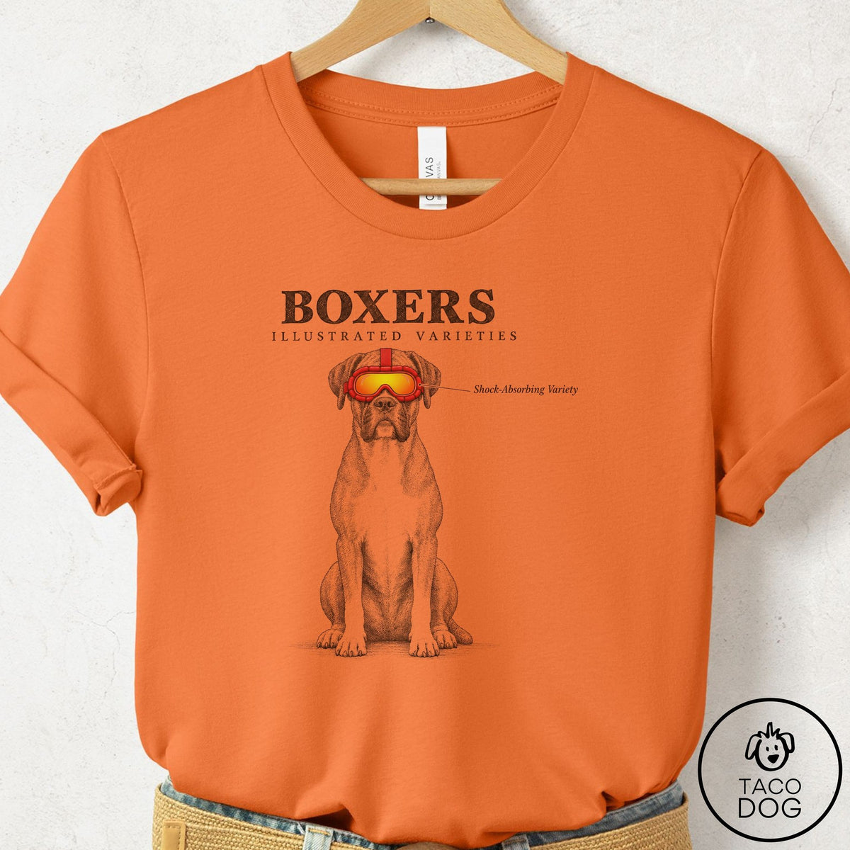 Boxer Sunglasses Field Guide T-Shirt Burnt Orange Taco-Dog