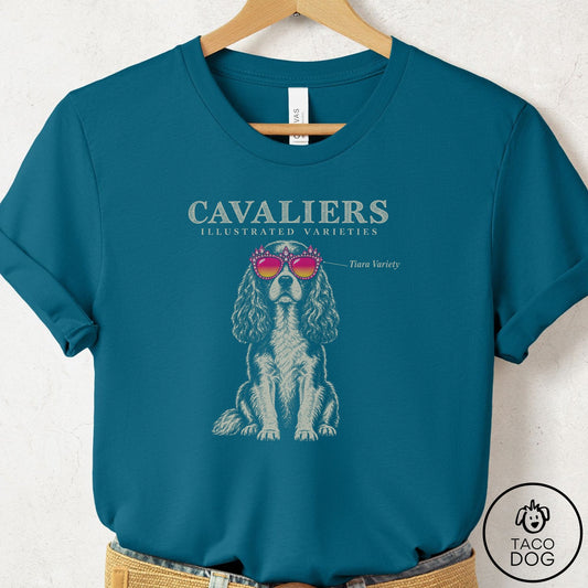 Cavalier King Charles Spaniel Sunglasses Field Guide T-Shirt Deep Teal Taco-Dog