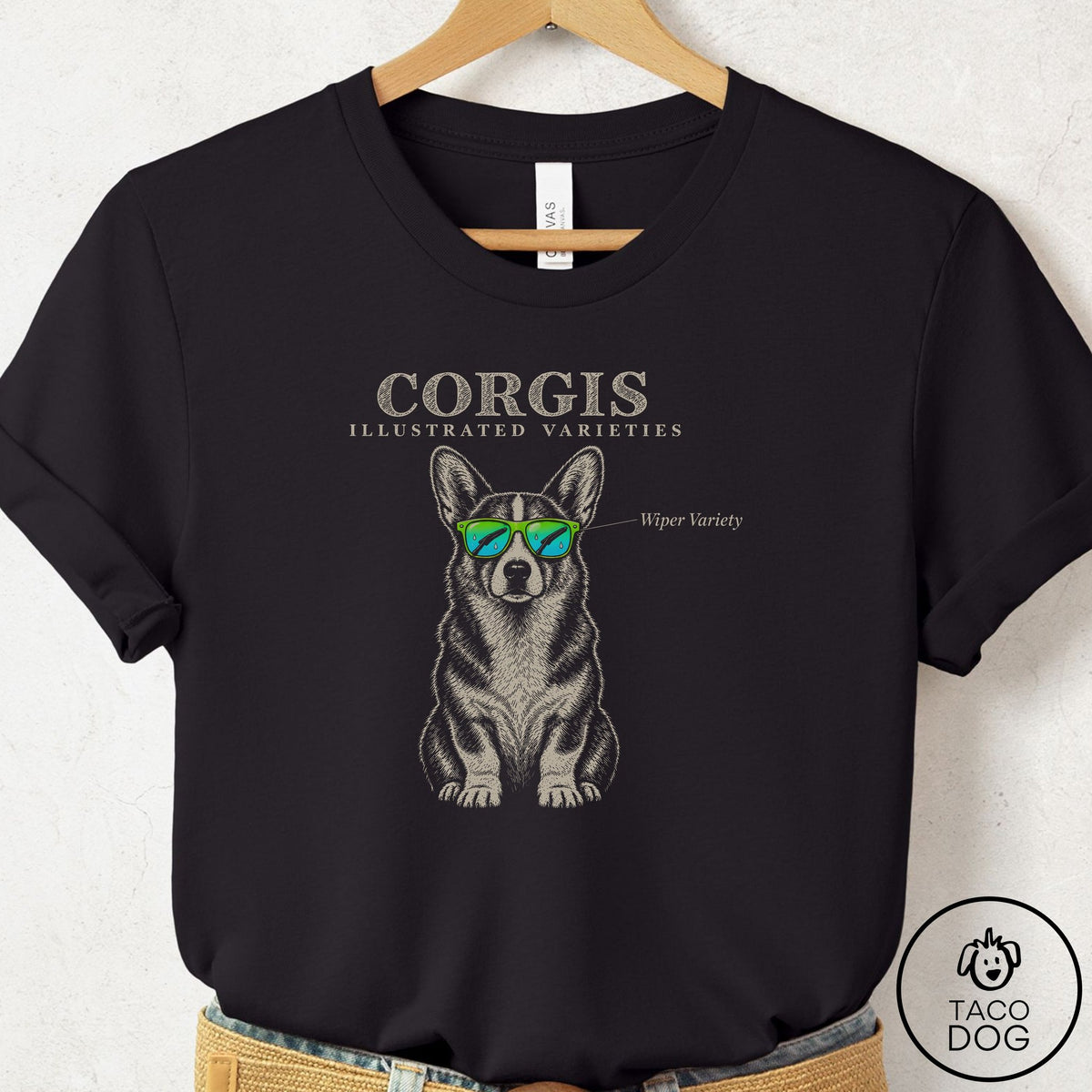 Corgi Sunglasses Field Guide T-Shirt Black Taco-Dog
