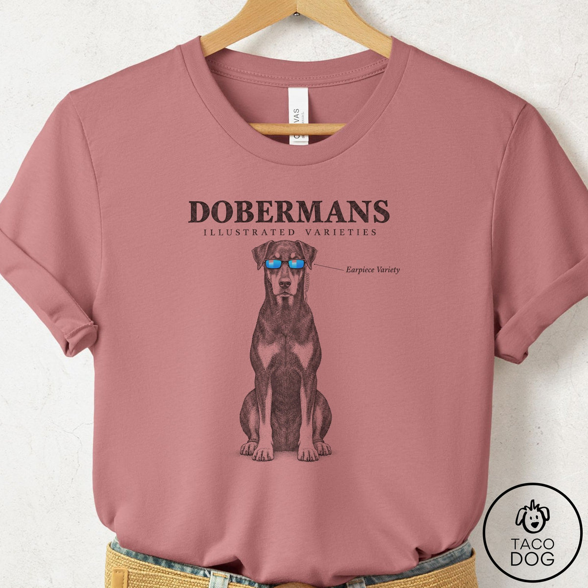 Doberman Sunglasses Field Guide T-Shirt Mauve Taco-Dog