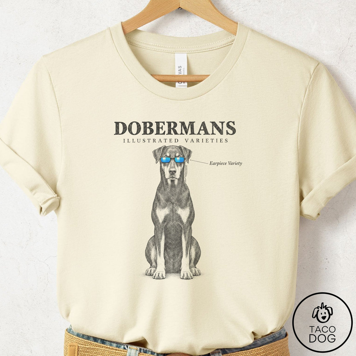 Doberman Sunglasses Field Guide T-Shirt Natural Taco-Dog