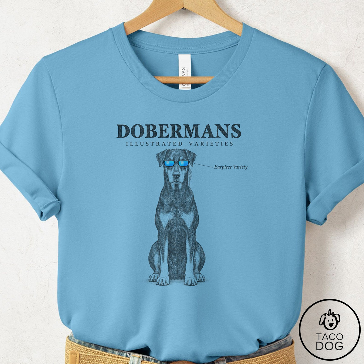 Doberman Sunglasses Field Guide T-Shirt Ocean Blue Taco-Dog