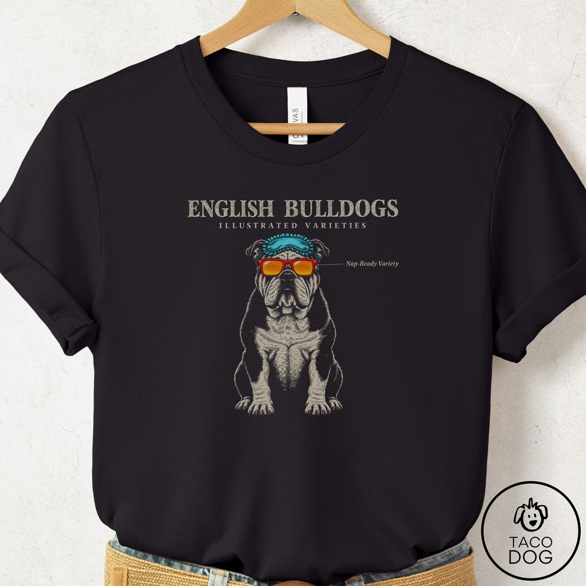 English Bulldog Sunglasses Field Guide T-Shirt Black Taco-Dog