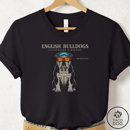 English Bulldog Sunglasses Field Guide T-Shirt Black Taco-Dog