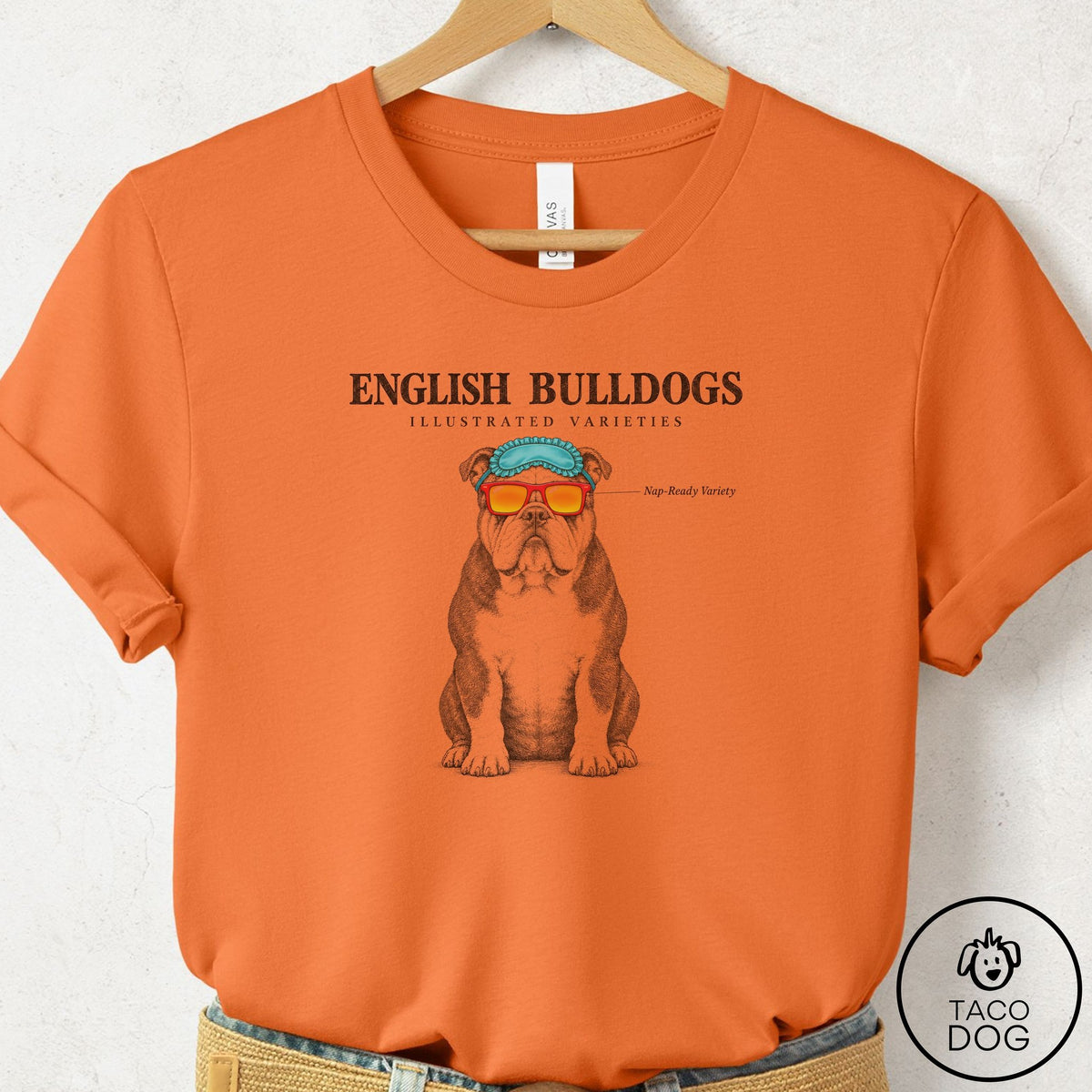 English Bulldog Sunglasses Field Guide T-Shirt Burnt Orange Taco-Dog