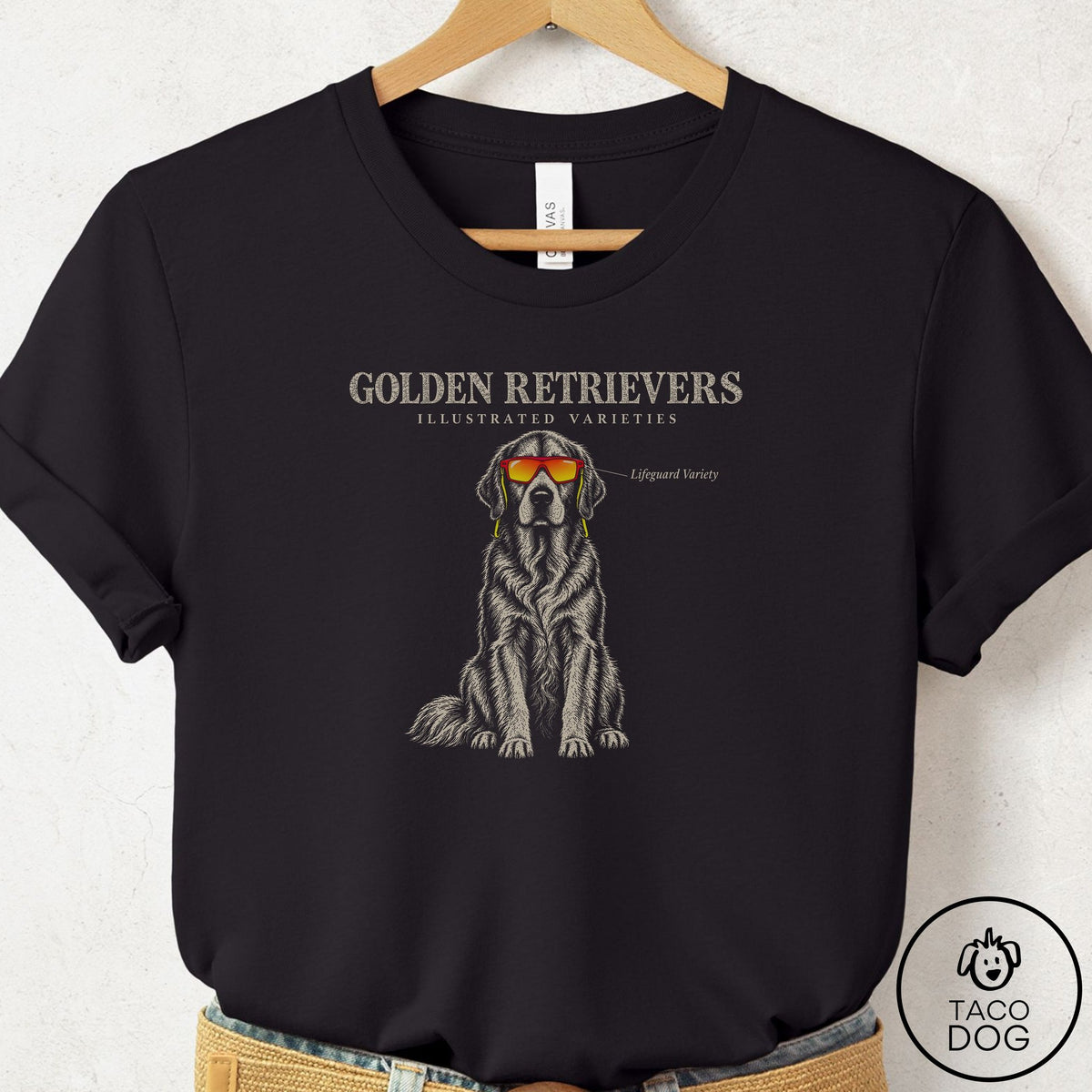 Golden Retriever Sunglasses Field Guide T-Shirt, design close-up