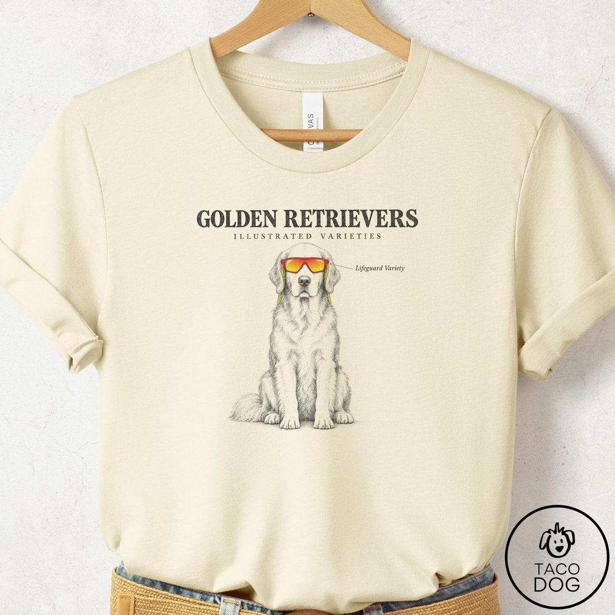 Golden Retriever Sunglasses Field Guide T-Shirt Natural Taco-Dog