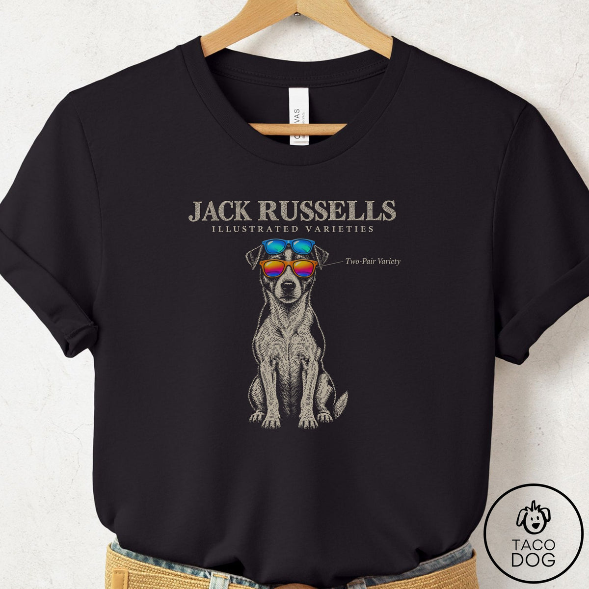 Jack Russell Sunglasses Field Guide T-Shirt Black Taco-Dog