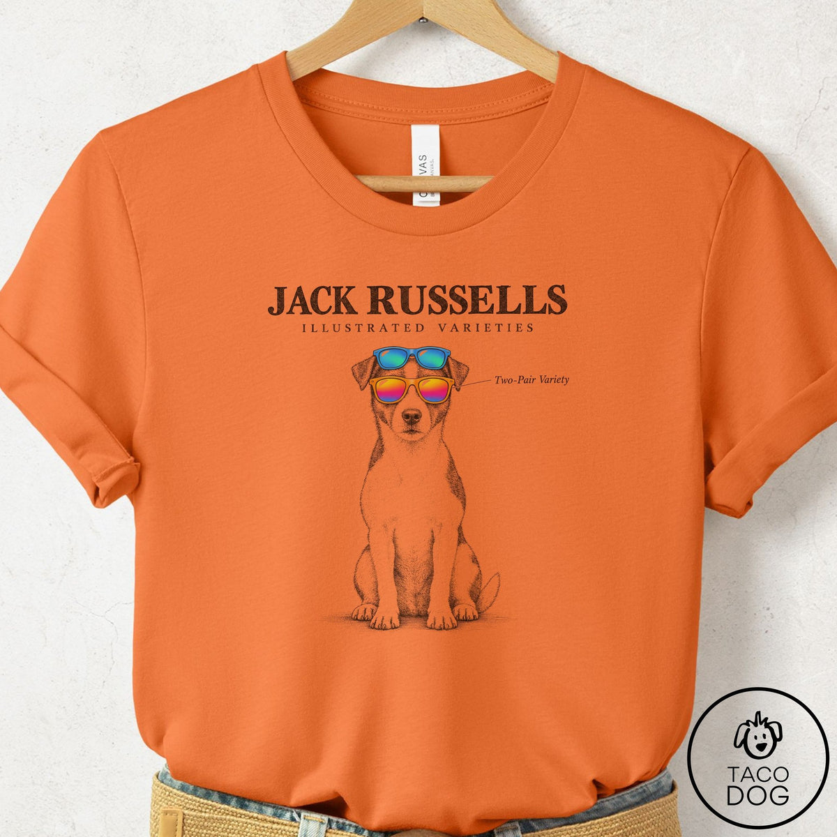 Jack Russell Sunglasses Field Guide T-Shirt Burnt Orange Taco-Dog