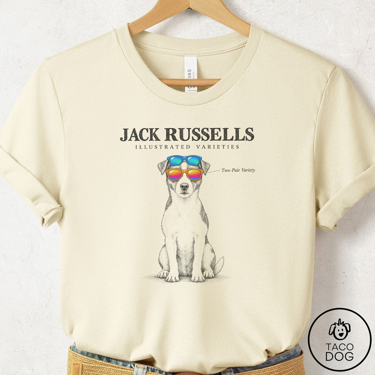 Jack Russell Sunglasses Field Guide T-Shirt Natural Taco-Dog