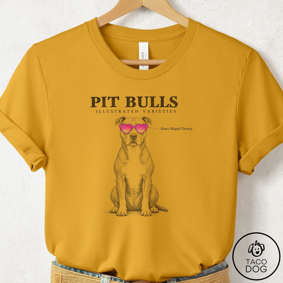 Pitbull Sunglasses Field Guide T-Shirt Mustard Taco-Dog