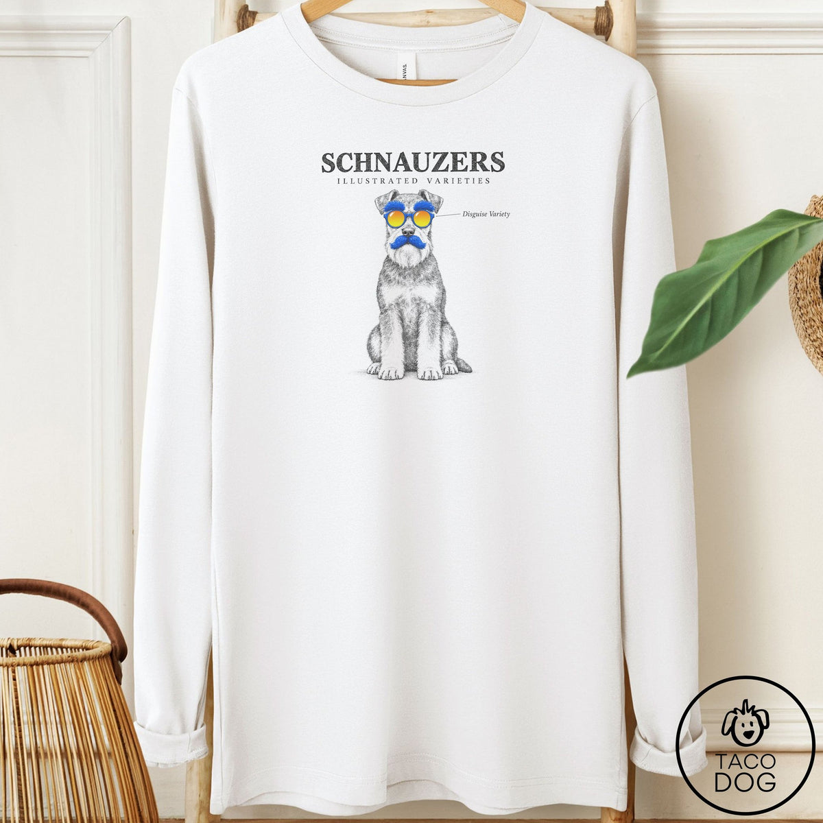 Schnauzer Sunglasses Field Guide Long Sleeve Tee White Taco-Dog