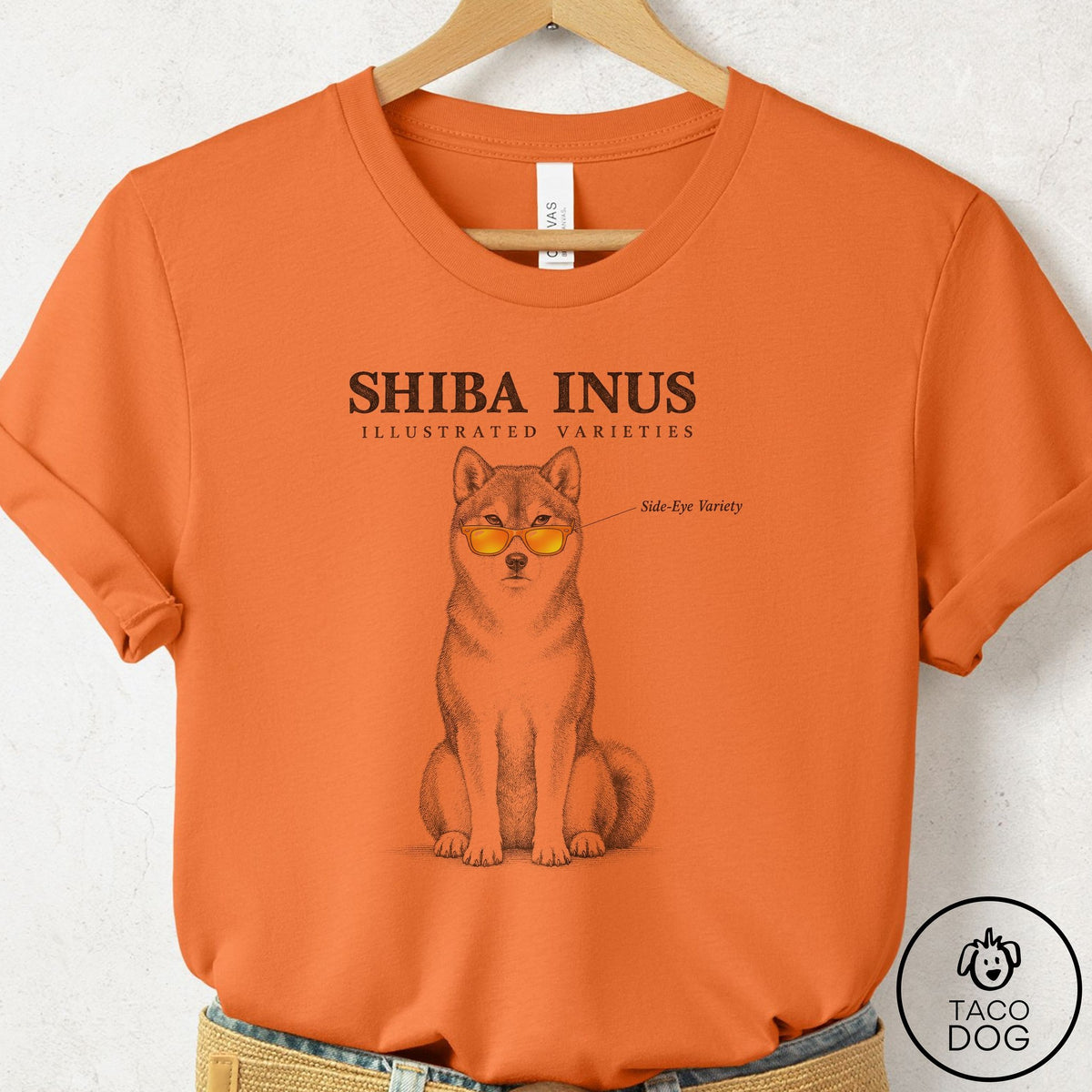 Shiba Inu Sunglasses Field Guide T-Shirt Burnt Orange Taco-Dog