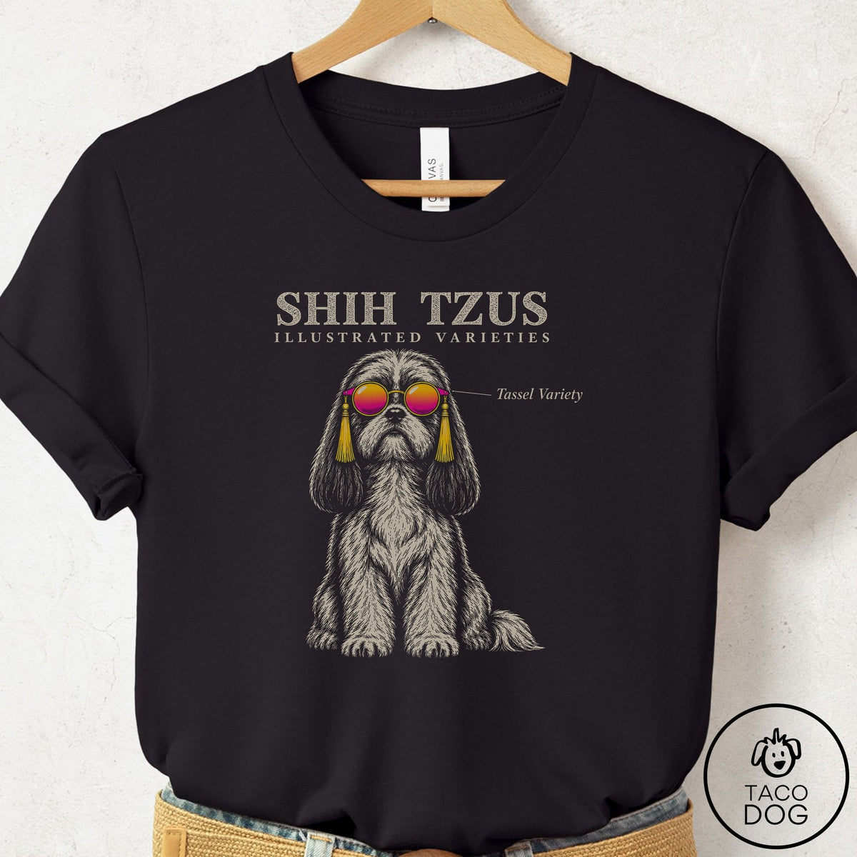 Shih Tzu Sunglasses Field Guide T-Shirt Black Taco-Dog