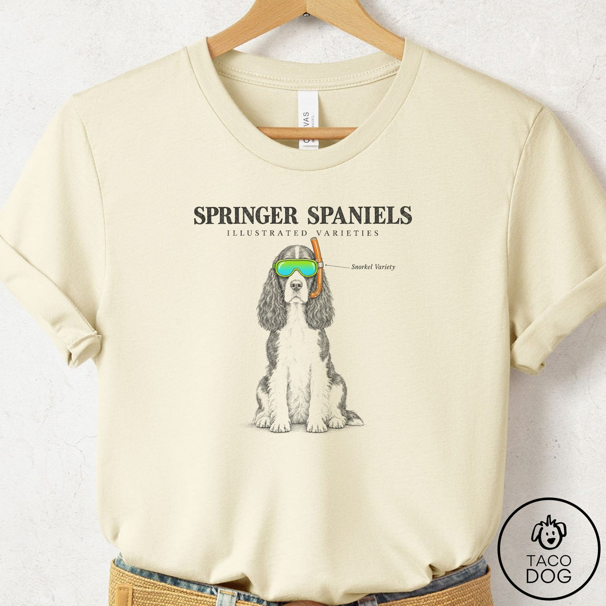 Springer Spaniel Sunglasses Field Guide T-Shirt Natural Taco-Dog