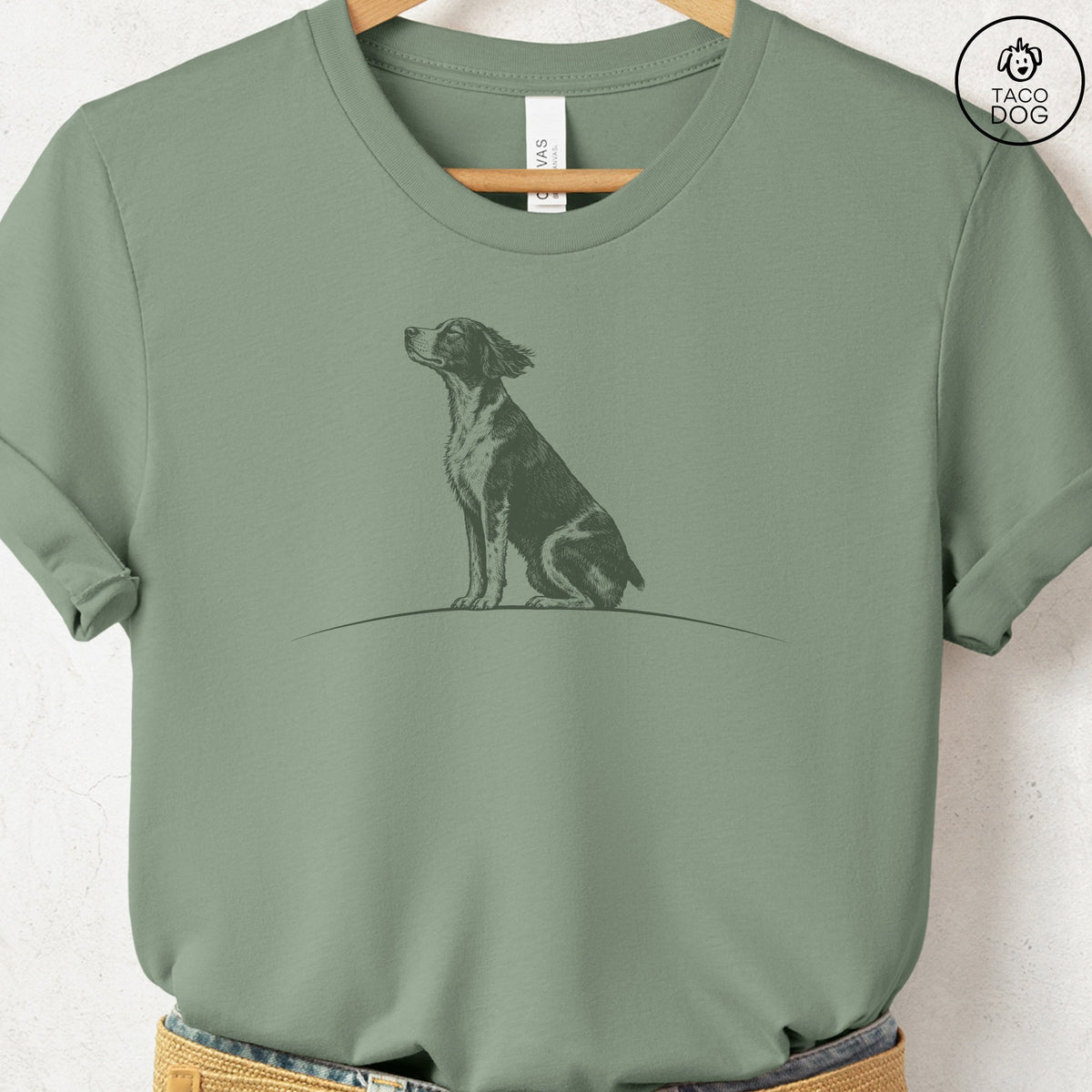 Brittany Spaniel Tail Wind T-Shirt Sage Taco-Dog