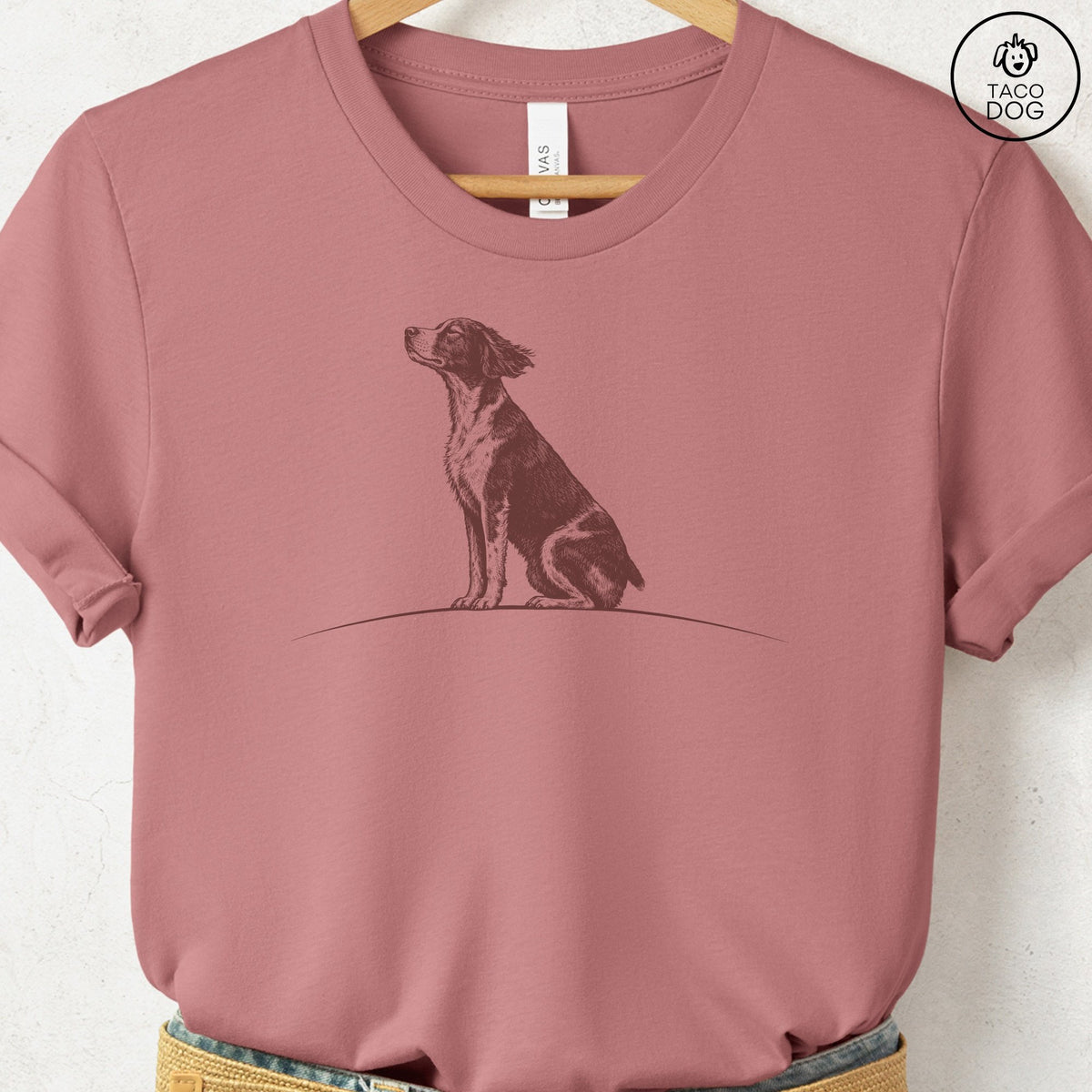 Brittany Spaniel Tail Wind T-Shirt Heather Mauve Taco-Dog
