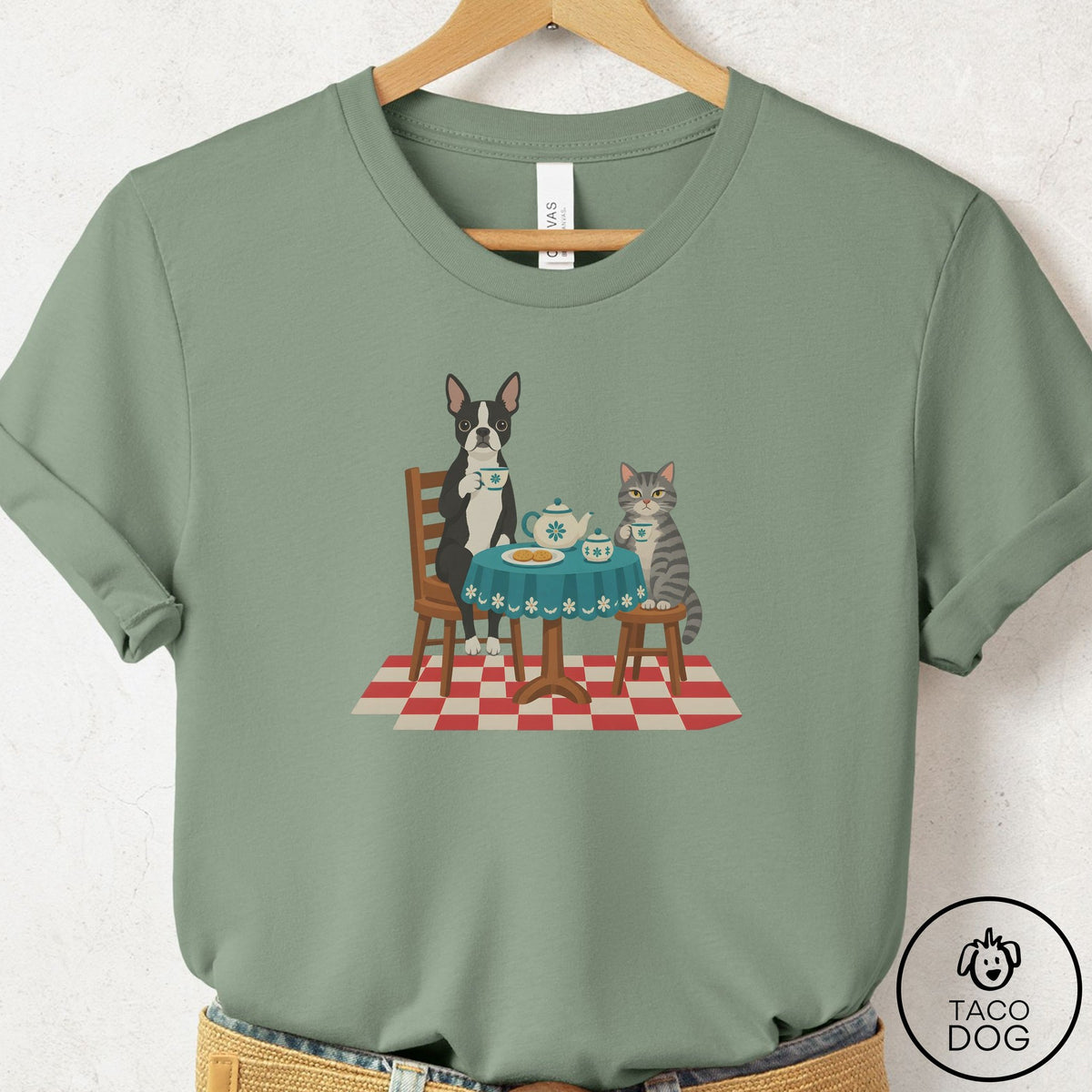 Boston Terrier Tea With The Enemy T-Shirt Sage Taco-Dog
