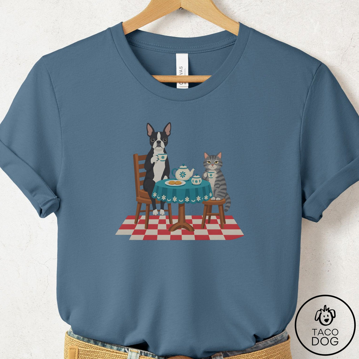 Boston Terrier Tea With The Enemy T-Shirt Steel Blue Taco-Dog