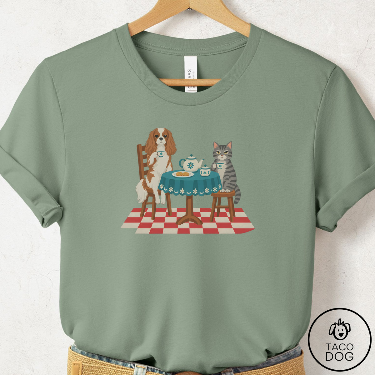 Cavalier King Charles Spaniel Tea With The Enemy T-Shirt Sage Taco-Dog