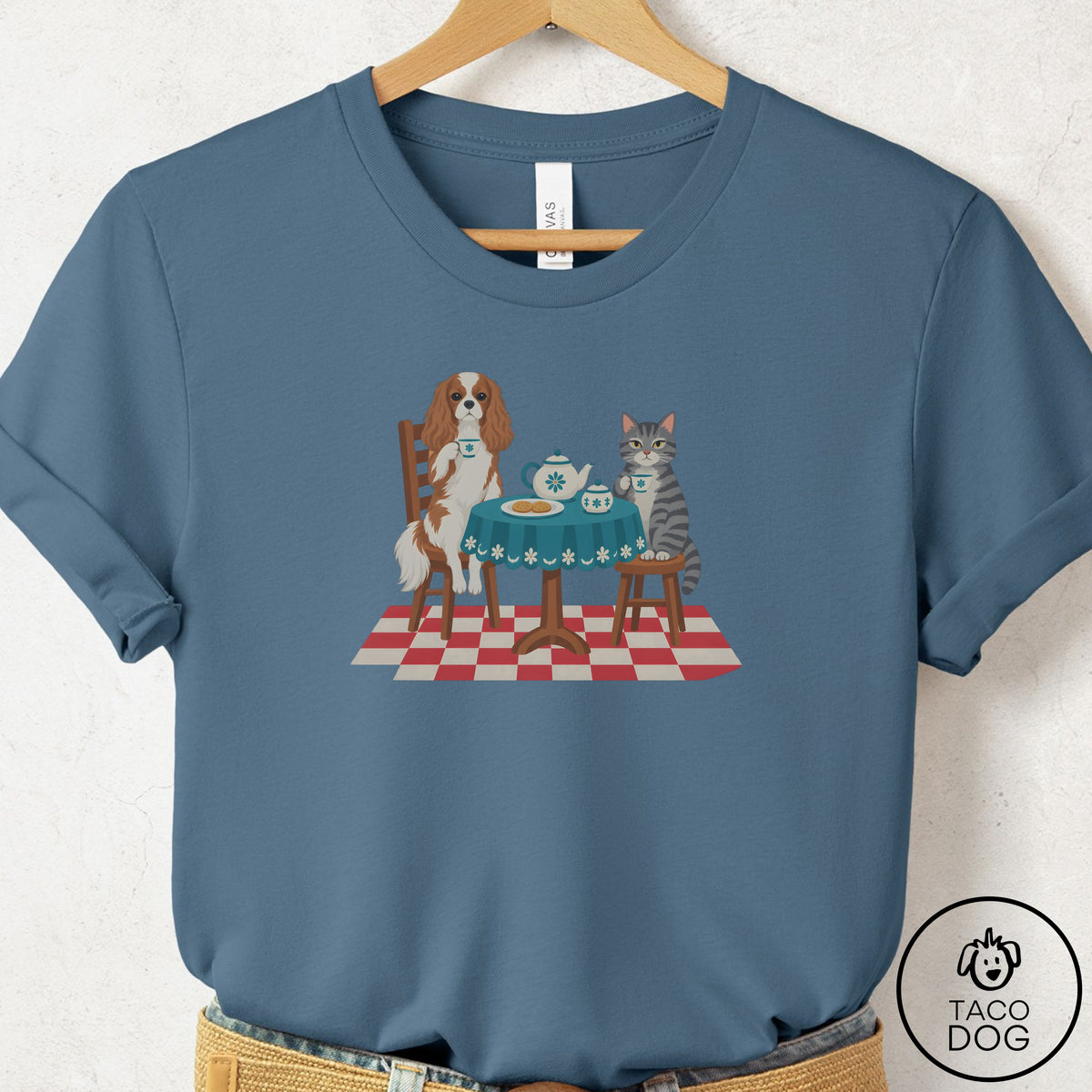 Cavalier King Charles Spaniel Tea With The Enemy T-Shirt Steel Blue Taco-Dog