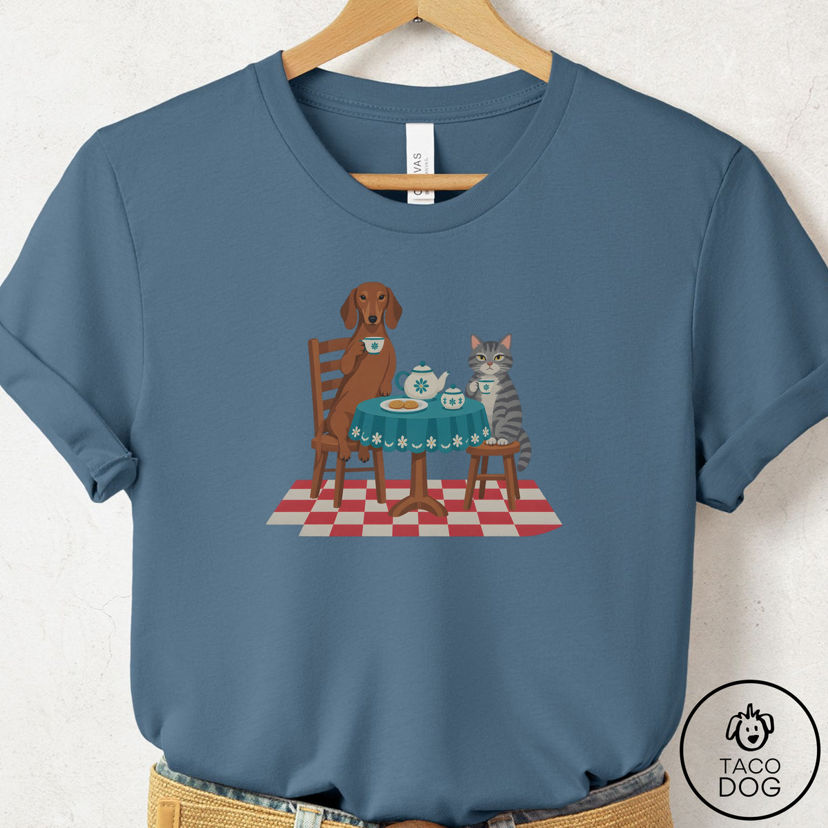 Dachshund Tea With The Enemy T-Shirt Steel Blue Taco-Dog