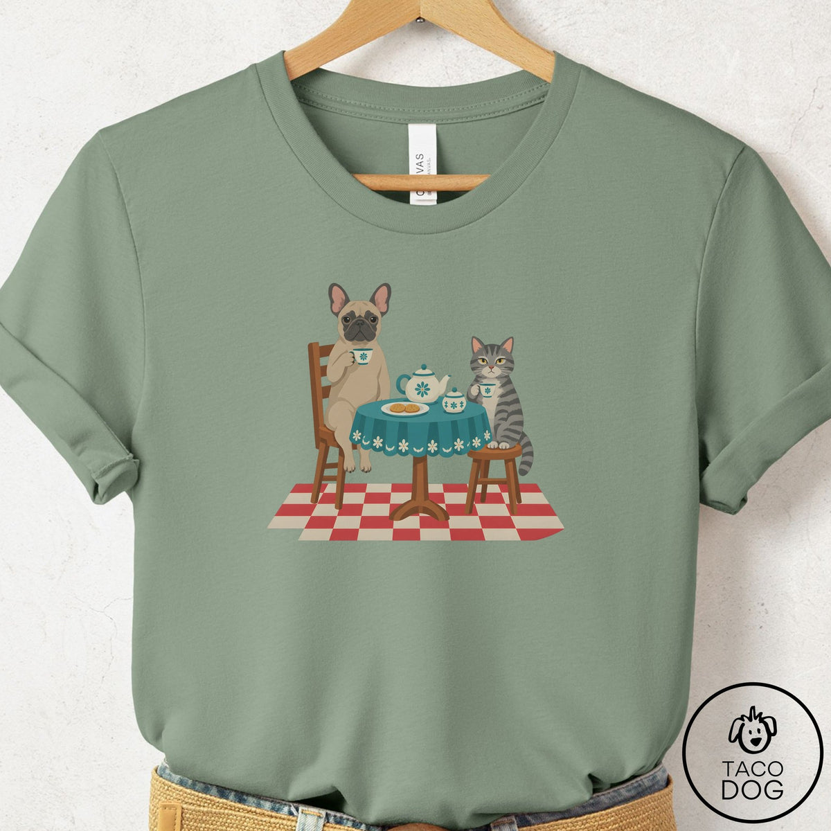 French Bulldog Frenchie Tea With The Enemy T-Shirt Sage Taco-Dog