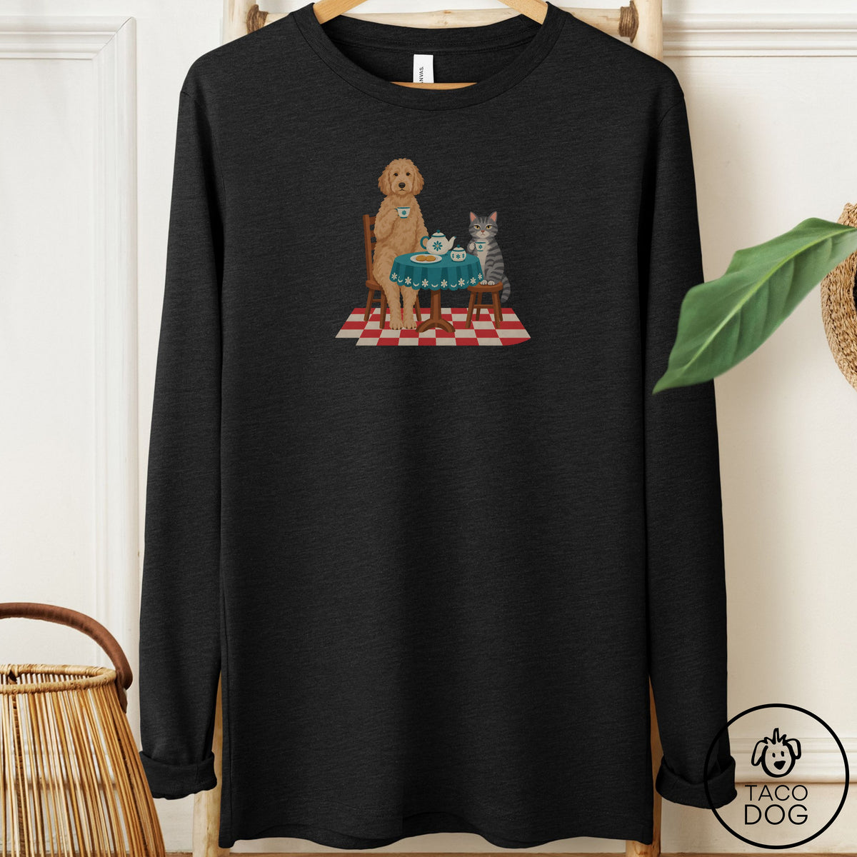 Doodle Tea With The Enemy Long Sleeve Tee Black Heather Taco-Dog